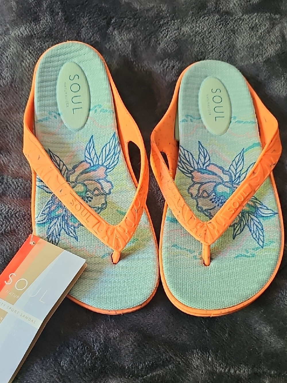 SOUL Naturalizer Sport Sandal with Orange Straps and Aqua Floral Footbed